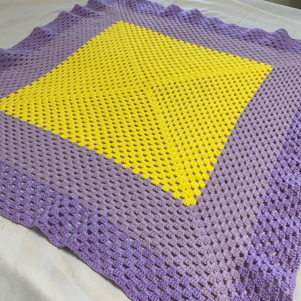 Vintage purple & yellow crocheted blanket throw